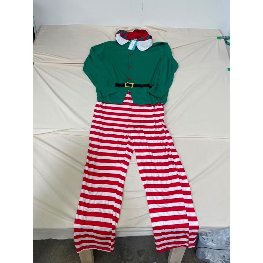 IFFEI Mens Christmas Elf Pajama Jumpsuit Green Red Striped Hooded One Piece L